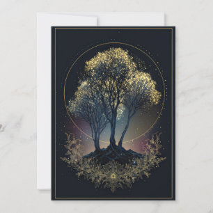 Stippled Gold Celestial Tree Midnight Halo Wedding Invitation