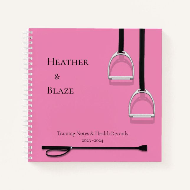 Stirrup Irons & Riding Crop Pink Square Equestrian Notebook (Front)