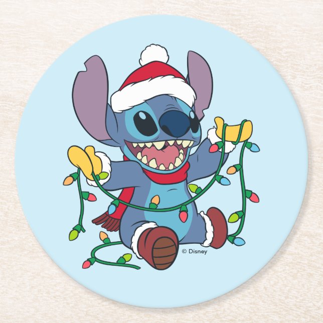 Stitch Christmas Lights Round Paper Coaster (Front)