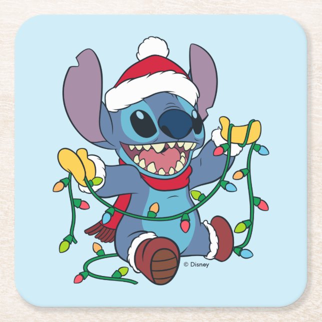 Stitch Christmas Lights Square Paper Coaster (Front)