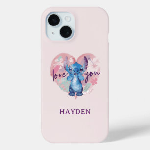 Stitch Watercolor Valentine Heart   Add Your Name iPhone 15 Case