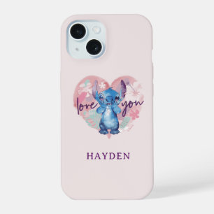 Stitch Watercolor Valentine Heart Add Your Name iPhone 15 Case