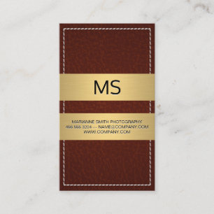 Stitched Brown Leather Gold Metallic Bars Business Card