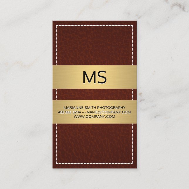 Stitched Brown Leather Gold Metallic Bars Business Card (Front)