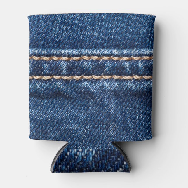 Stitched denim: closeup jeans texture. can cooler (Front)