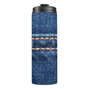 Stitched denim: closeup jeans texture. thermal tumbler