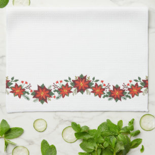 Stitched-effect poinsettias and holly garlands kitchen towel