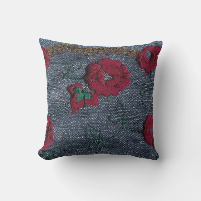 *~* Stitched Flowers Faux Denim Throw Pillow (Front)