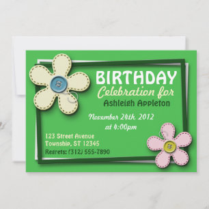 Stitched Flowers Trendy Green Birthday Invitations