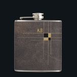 Stitched Leather Classy Monogram Hip Flask<br><div class="desc">A digital scan of real cowhide was used in the making of this design. Faux decorative stitching is strategically placed to form a geometric design that frames your three letter monogram. The monogram is printed in gold typography. Great flask to carry on the golf course. This flask will make a...</div>