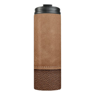 Stitched leather: gray, black background. thermal tumbler