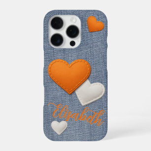 Stitched Orange & White Hearts your Name on Denim iPhone 16 Pro Case