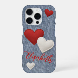 Stitched Red & White Hearts and your Name on Denim iPhone 16 Pro Case