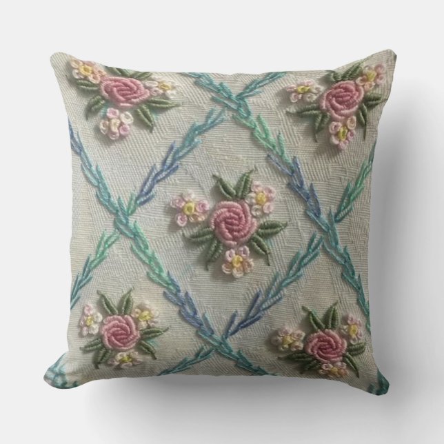 Stitched Serenity: Hand-Embroidered Throw Pillow (Front)