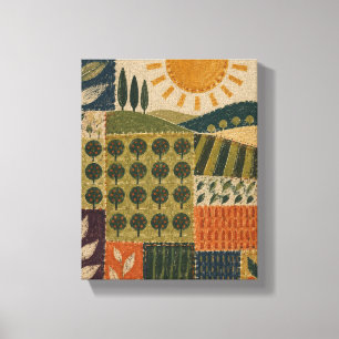 Stitched Sun over the Orchard Grid Folk Abstract Canvas Print