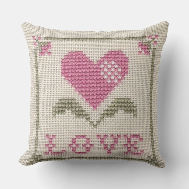  Stitched with Heart: Cross-Stitched Love Design  Throw Pillow (Front)