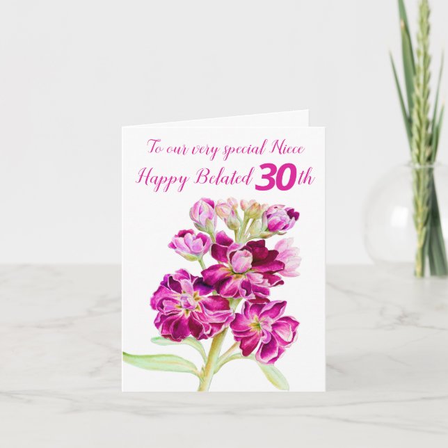 Stock flowers pink niece belated 30th birthday card (Front)