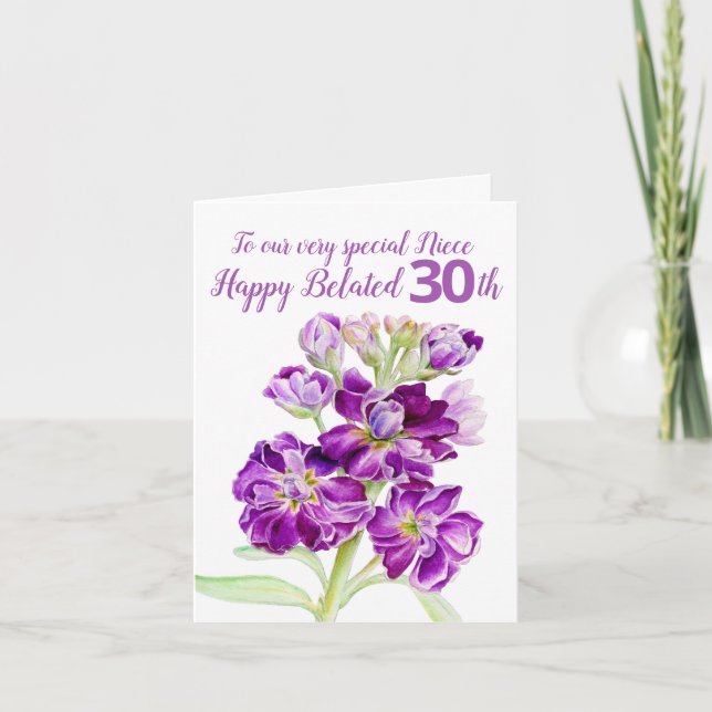 Stock flowers purple niece belated 30th birthday card (Front)