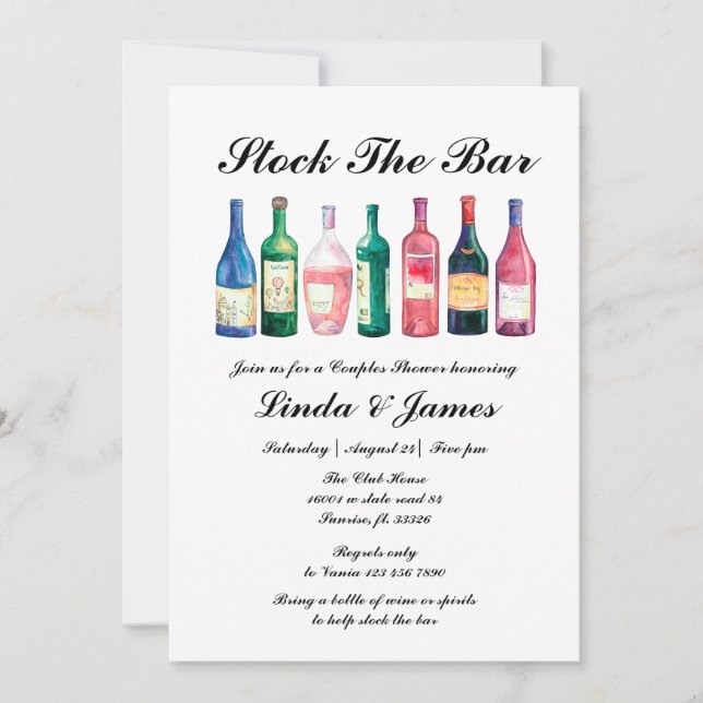 Stock The Bar Couple Shower Wine Bottles Invitation (Front)