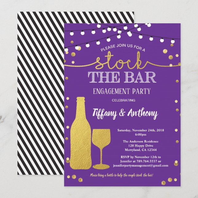 Stock the bar engagement party purple and gold invitation (Front/Back)