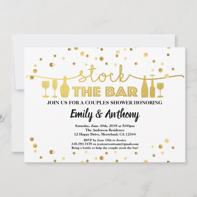 Stock The Bar Engagement Party White & Gold Invitation (Front)