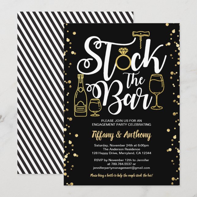 Stock the bar invitation engagement party gold (Front/Back)