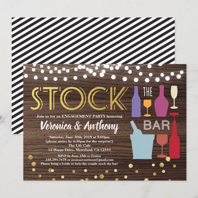 Stock the bar invitation engagement wood & gold (Front/Back)