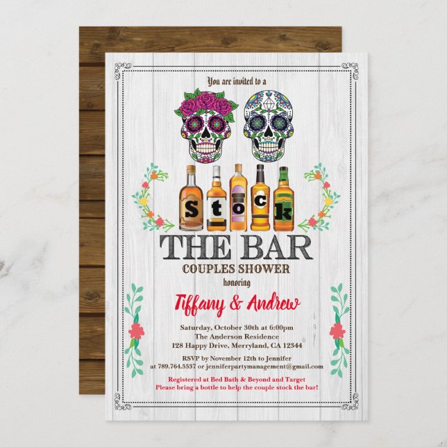 Stock The Bar invitation Halloween sugar skulls (Front/Back)