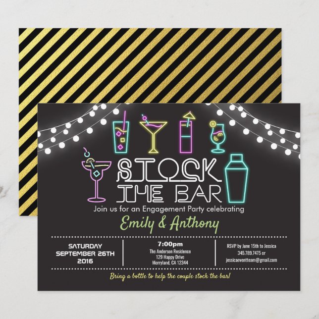 Stock the bar invitation neon engagement party (Front/Back)