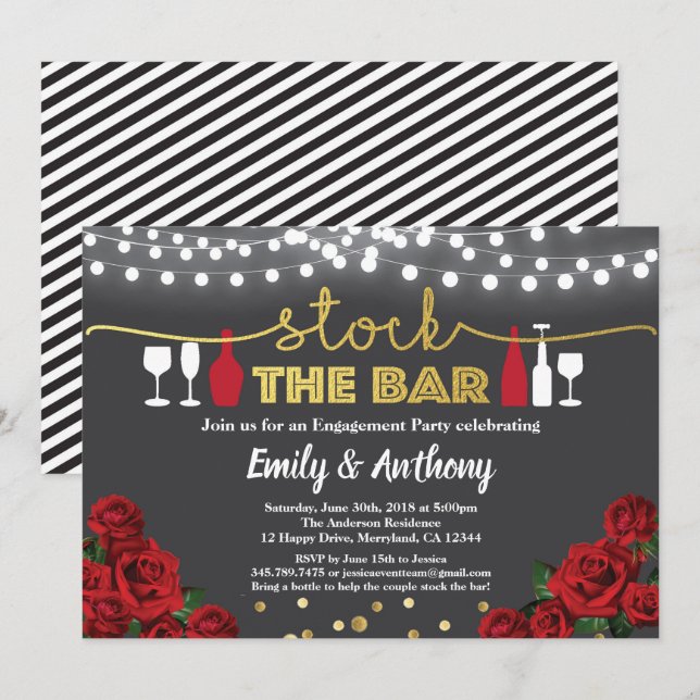 Stock the bar invitation Red black and gold white (Front/Back)