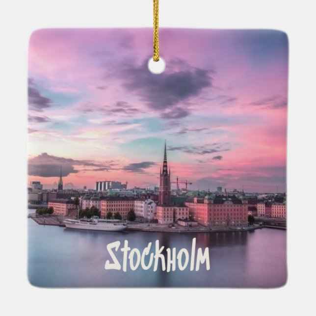 Stockholm Capital of Sweden Night Skyline Ceramic Ornament (Back)
