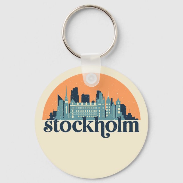 Stockholm Sweden City Skyline Retro Cityscape Art Keychain (Front)