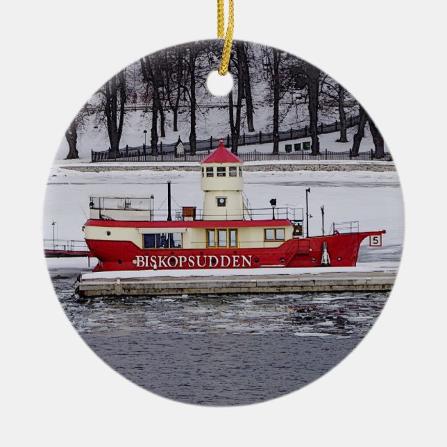 Stockholm Sweden Lightship Biskopsudden Birthday Ceramic Ornament (Front)