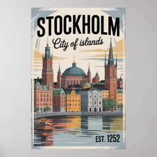 Stockholm Sweden Skyline Retro Travel Poster