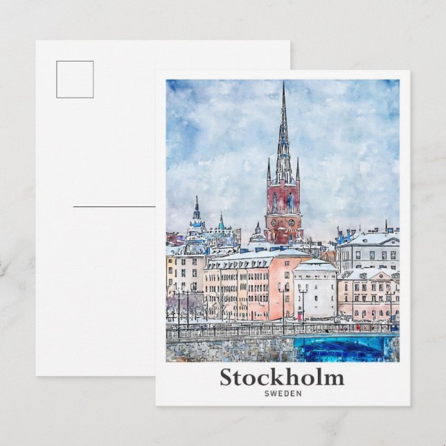 Stockholm Sweden Travel Watercolor Hand Drawn Postcard (Front/Back)