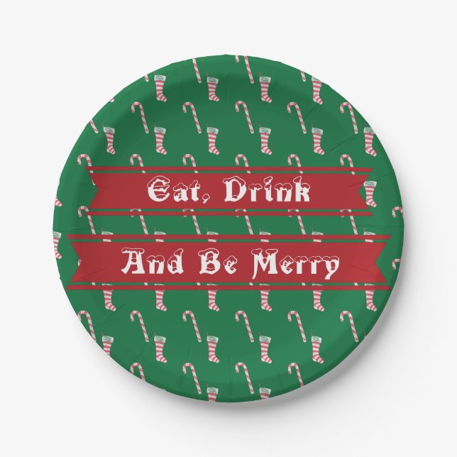 Stocking & Candy Cane Pattern Paper Plate (Front)