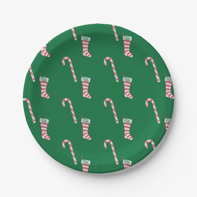 Stocking & Candy Cane Pattern Paper Plate (Front)