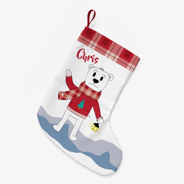 Stocking with faux plaid border and polar bear (Front (Hanging))
