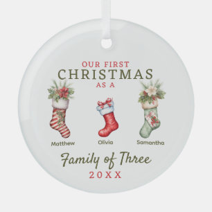 Stockings Family of Three First Christmas Glass Ornament