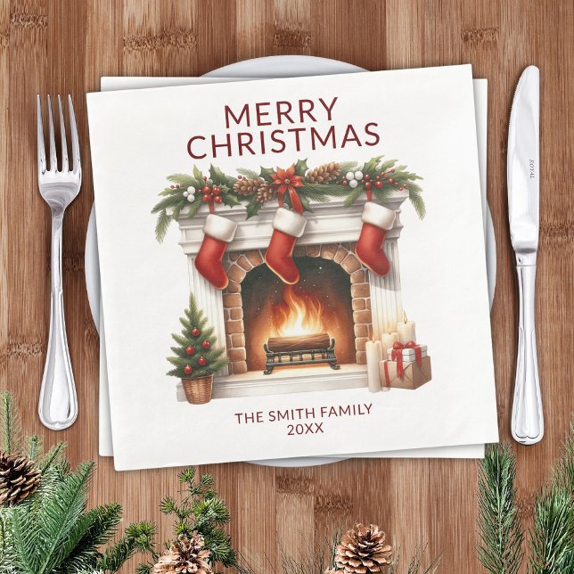Stockings Fireplace Red Christmas Party Napkin (Creator Uploaded)