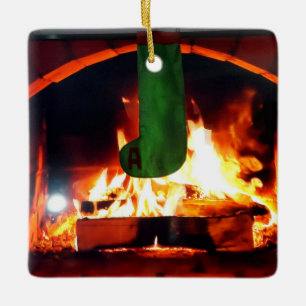 Stockings hung by a virtual fire ceramic ornament