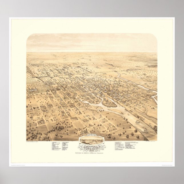 Stockton, CA Panoramic Map 1870 (1667A) - Restored Poster (Front)