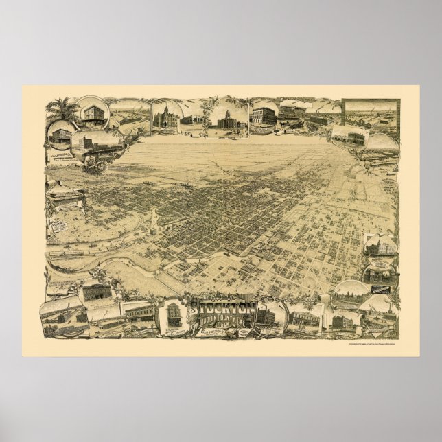 Stockton, CA Panoramic Map - 1895 Poster (Front)