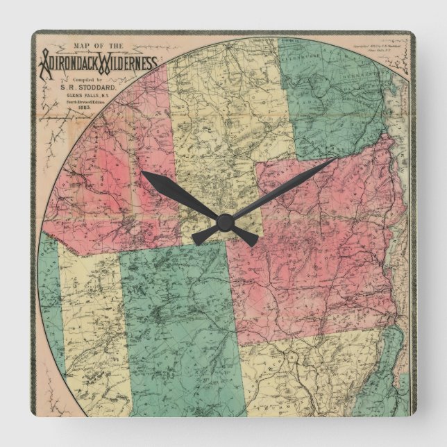 Stoddard's Map of the Adirondack Wilderness, 1883 Square Wall Clock (Front)