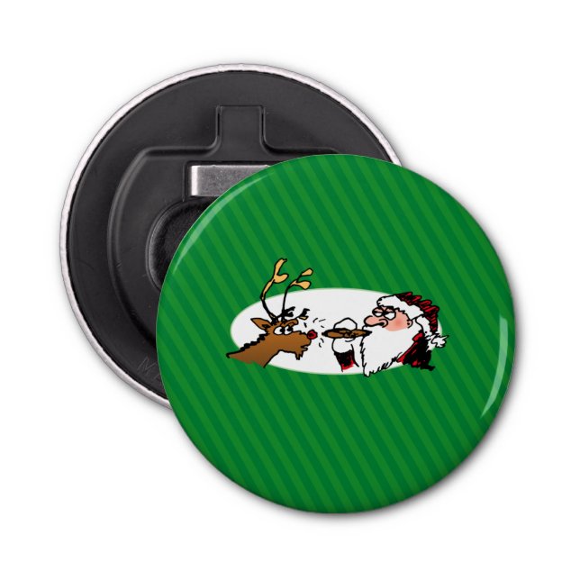 Stogie Santa and Reindeer on Green Stripes Bottle Opener (Front)