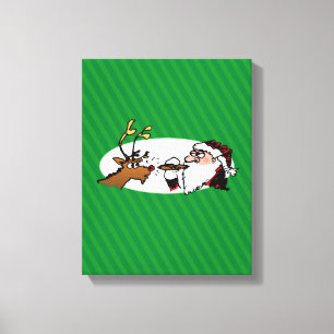 Stogie Santa and Reindeer on Green Stripes Canvas Print