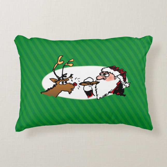 Stogie Santa and Reindeer on Green Stripes Decorative Pillow (Front)
