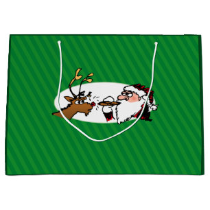 Stogie Santa and Reindeer on Green Stripes Large Large Gift Bag