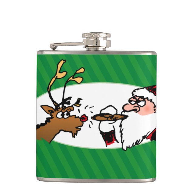 Stogie Smoking Santa Funny Green Stripe Christmas Hip Flask (Front)