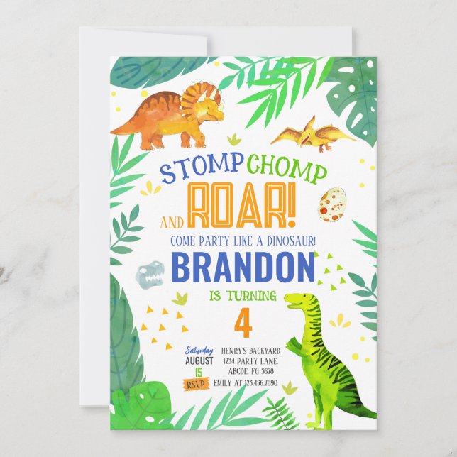 Stomp Chomp And Roar Boy Dinosaur Birthday Invitation (Front)